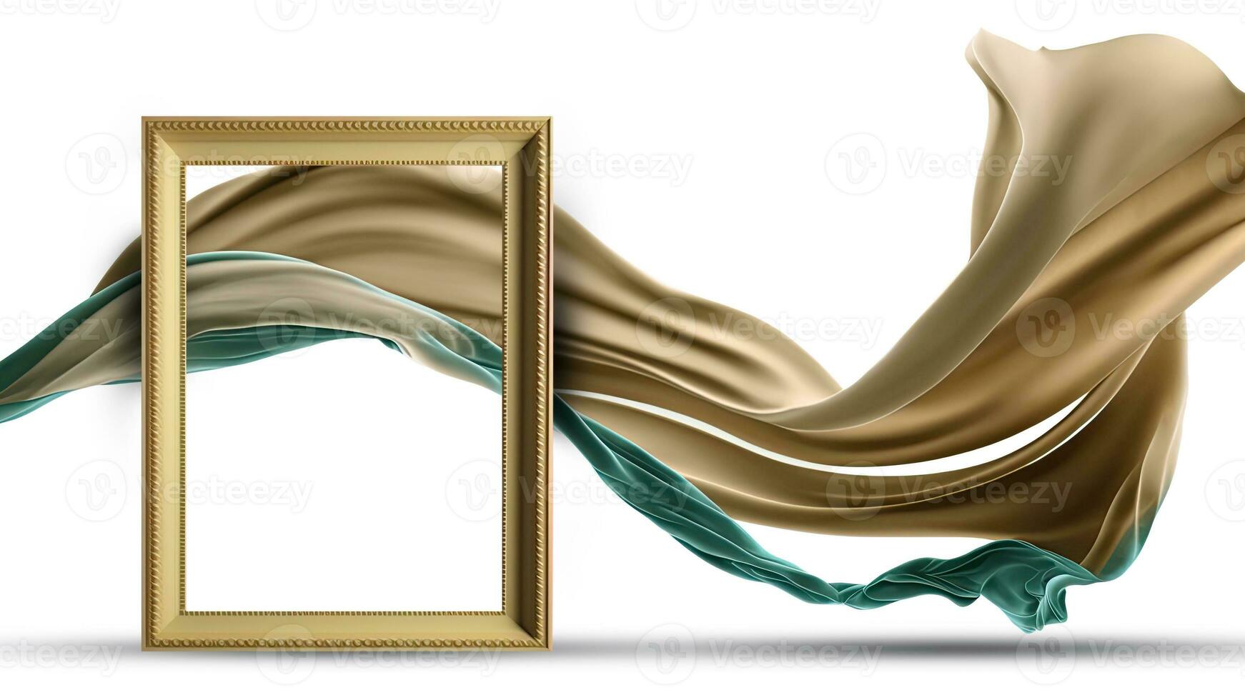 3D Render of Blank Golden Frame Mockup Against Floating Silk Fabric. photo