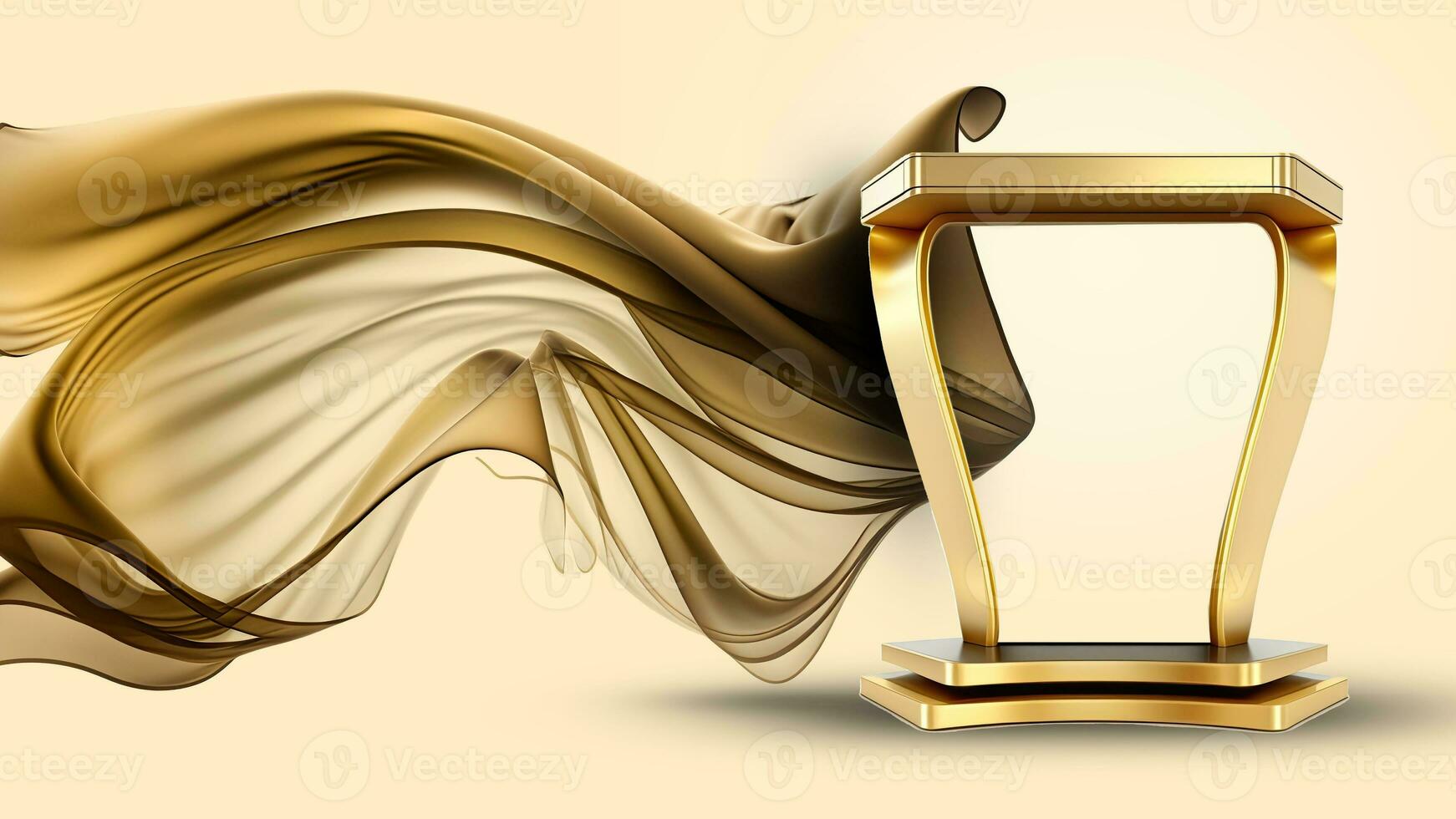 3D Render of Blank Golden Frame Stand Mockup And Floating Silk Fabric Background. photo