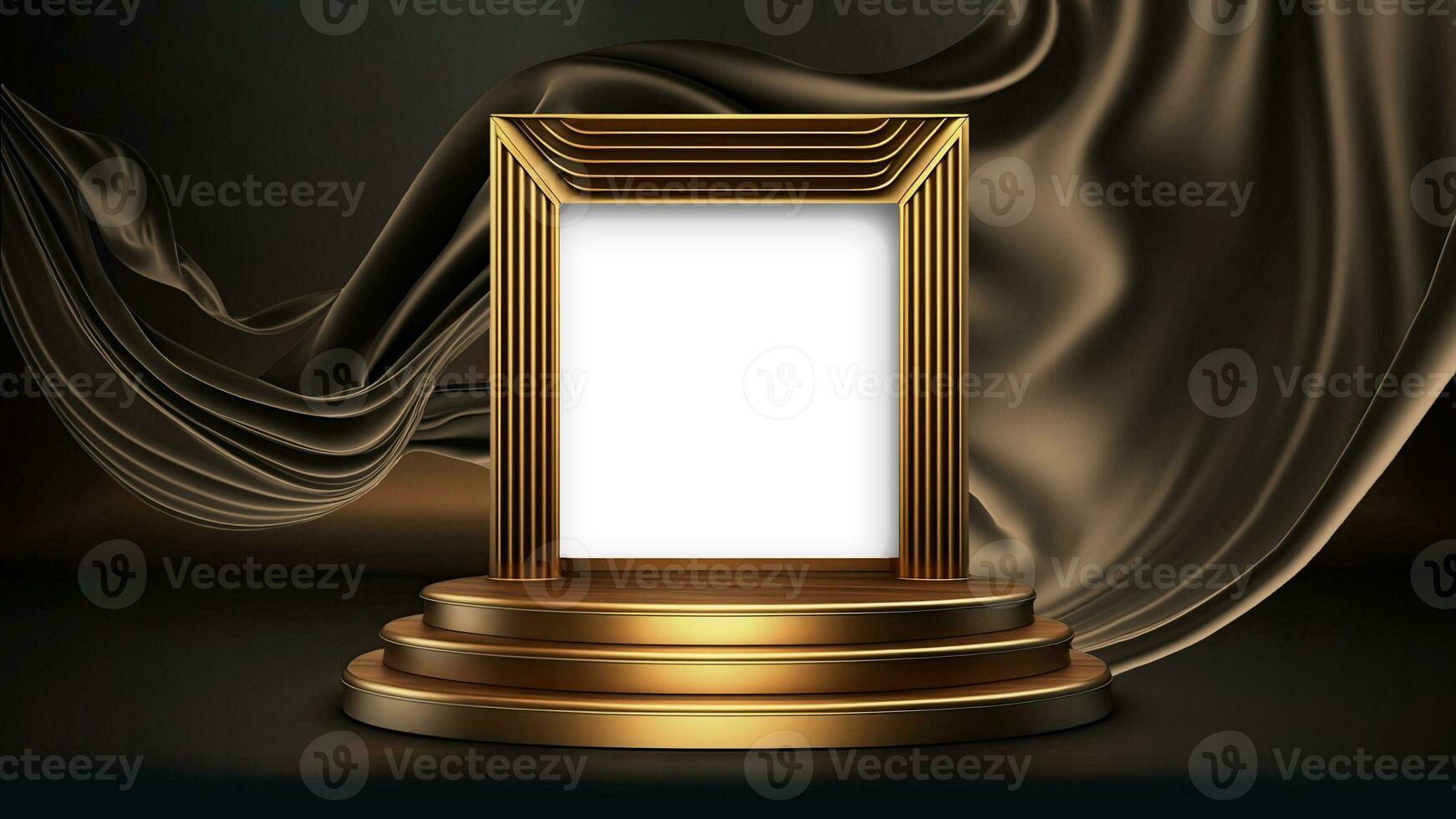 3D Render of Blank Golden Stage or Square Frame Stand Mockup Against Brown Floating Silk Fabric Background. photo