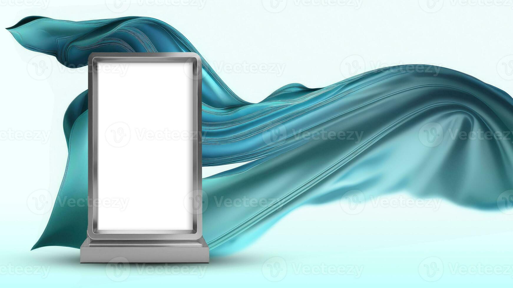 3D Render of Blank Silver Rectangle Frame Stand or Product Screen Mockup Against Blue Floating Silk Fabric Background. photo
