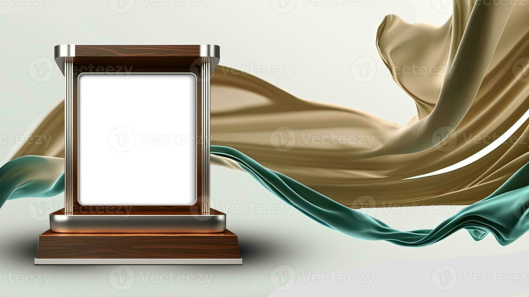 3D Render of Blank Product Screen or Frame Stand or Stage Mockup On Floating Silk Fabric Background. photo