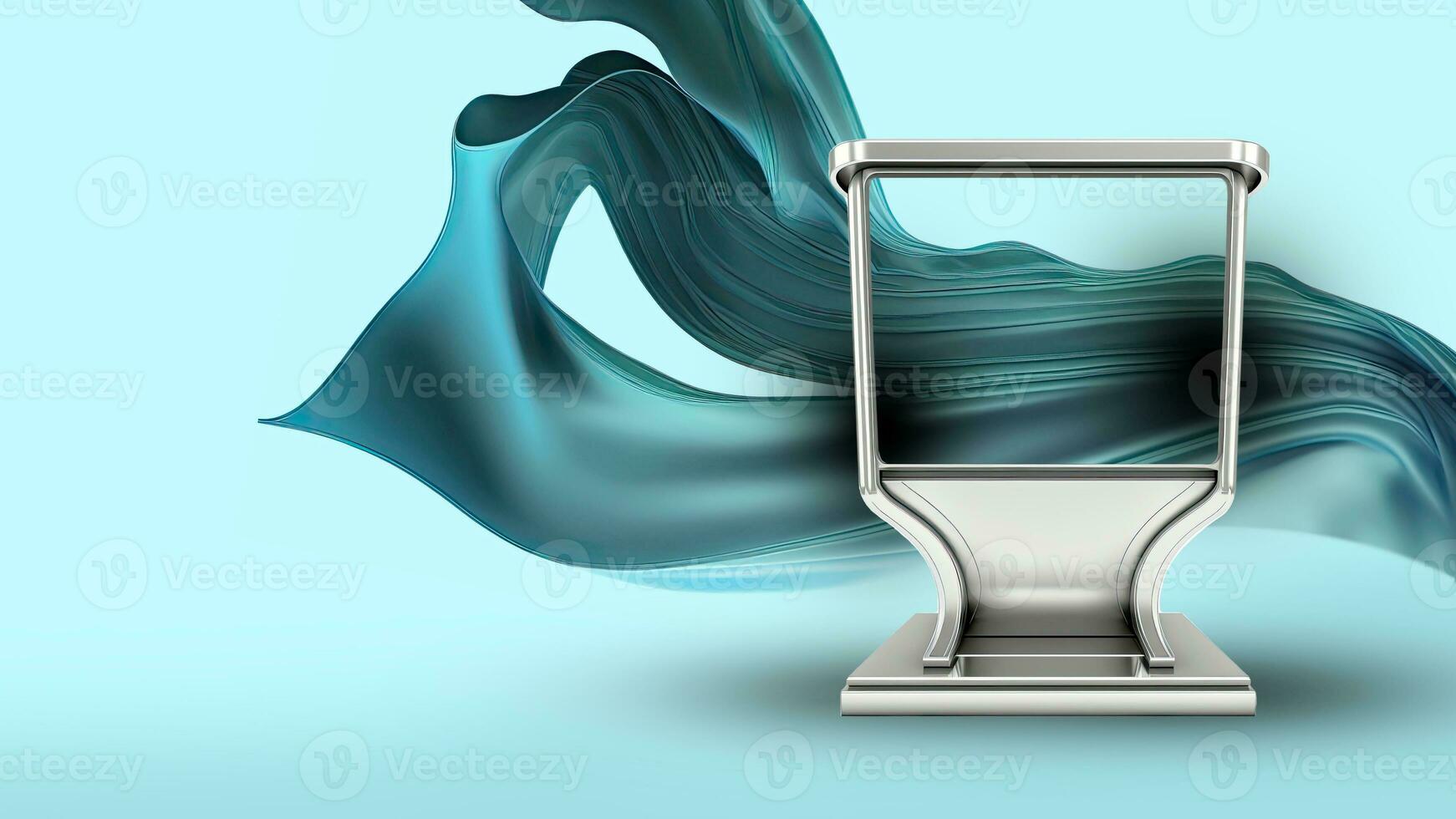 3D Render of Blank Silver Frame Stand or Trophy Mockup And Floating Blue Silk Fabric. photo