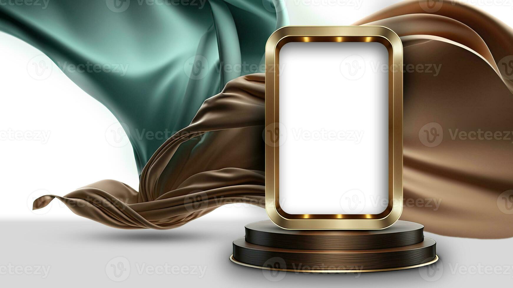 3D Render of Blank Marquee Rectangle Frame On Podium Mockup Against Brown And Teal Floating Silk Fabric. photo