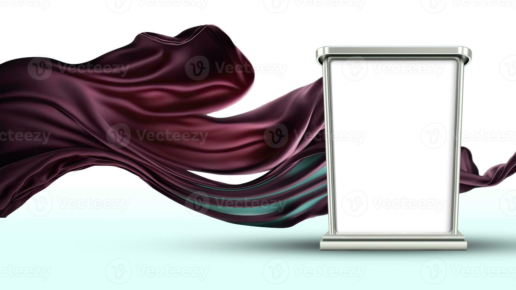 3D Render of Silver Frame Stand or Product Display Mockup With Image Placeholder On Floating Silk Fabric Background. photo