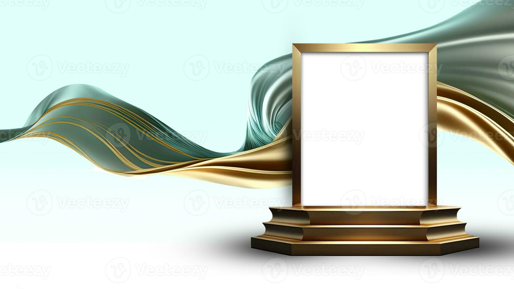 3D Render of Blank Golden Frame Stand or Stage Mockup And Floating Silk Fabric. photo