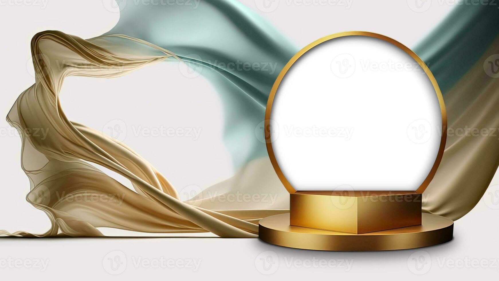 3D Render of Blank Golden Circular Frame Stand or Product Display Podium Mockup Against Double-Tone Silk Fabric Wave. photo