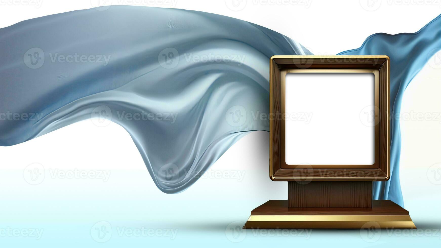 3D Render of Blank Bronze Square Frame Stand Mockup On Blue Floating Silk Fabric Background. photo