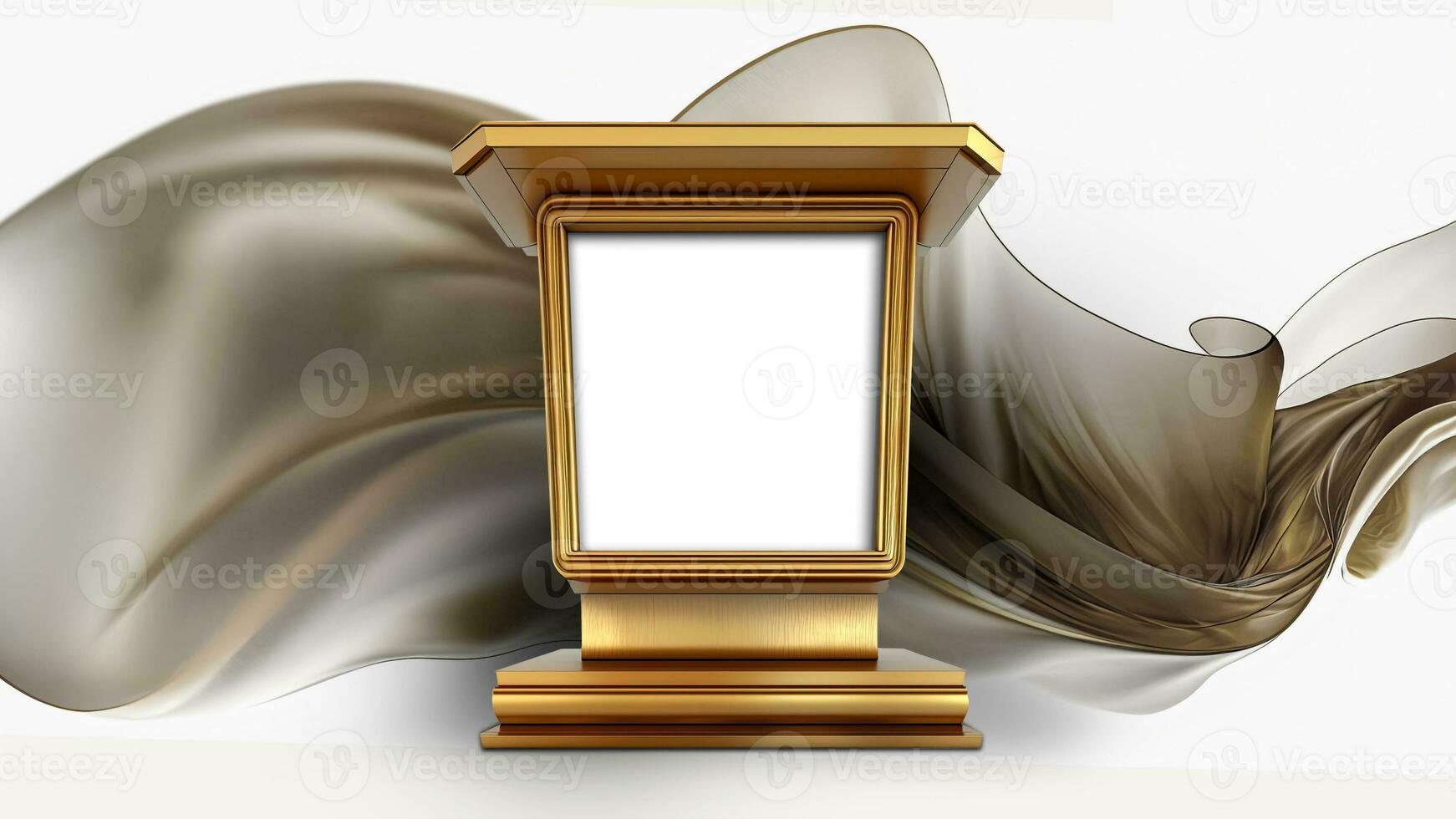 3D Render of Blank Golden Frame Stand or Trophy Mockup On Floating Silk Fabric Background. photo