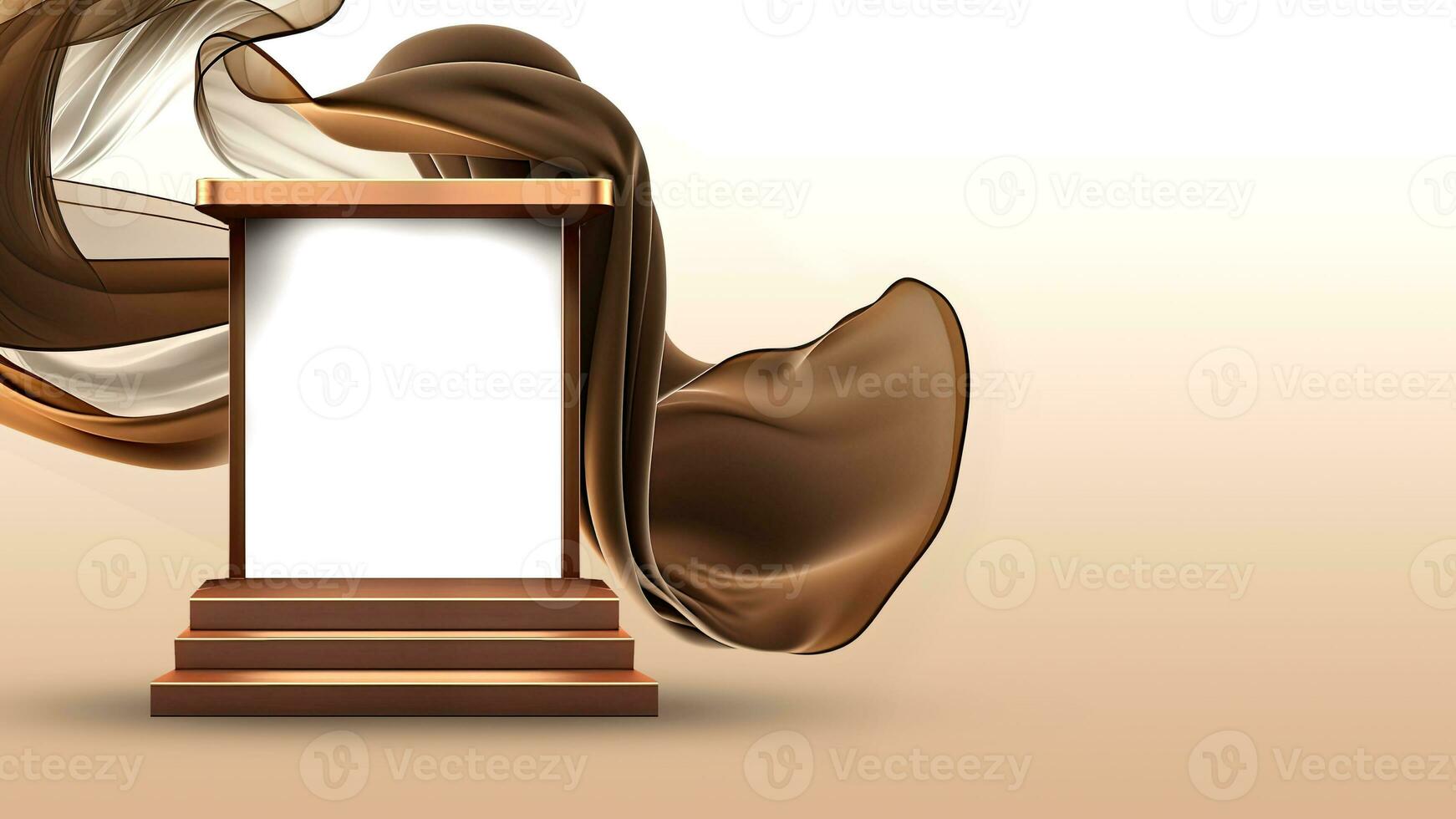 3D Render of Blank Copper Frame Stand or Stage Mockup And Floating Brown Silk Fabric. photo