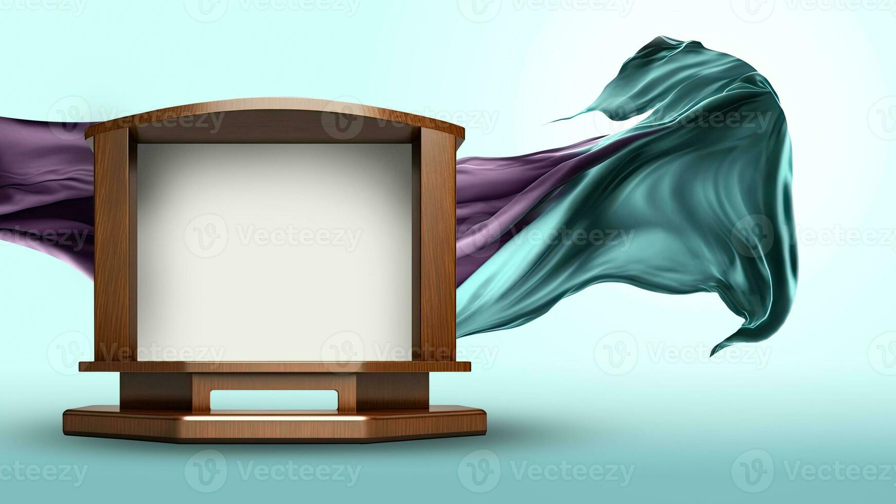 3D Render of Blank Brown Concert Stage Mockup And Double-Tone Floating Silk Fabric On Cyan Background. photo