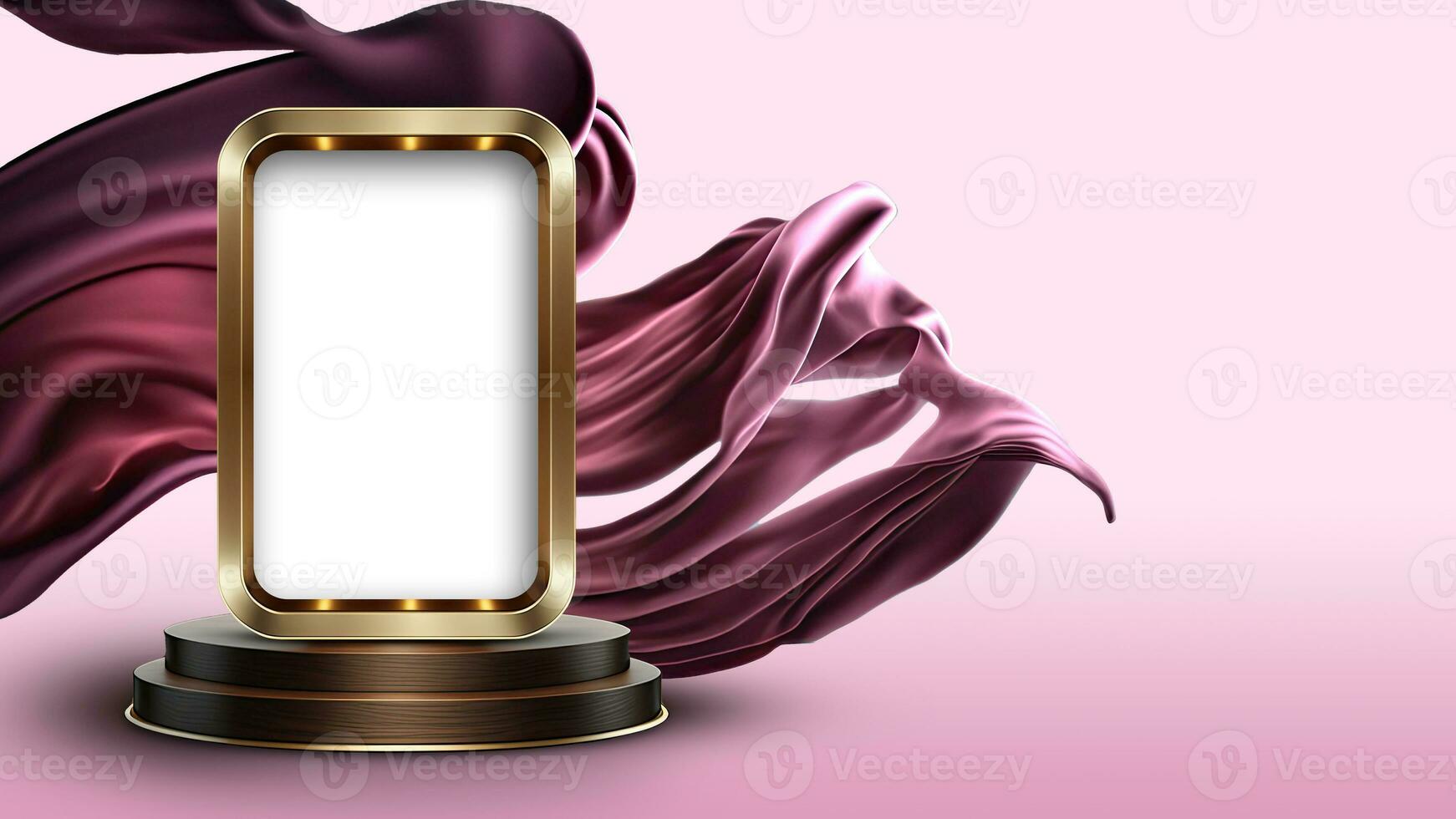 3D Render of Blank Marquee Rectangle Frame On Podium Mockup And Dark Pink Floating Silk Fabric. photo