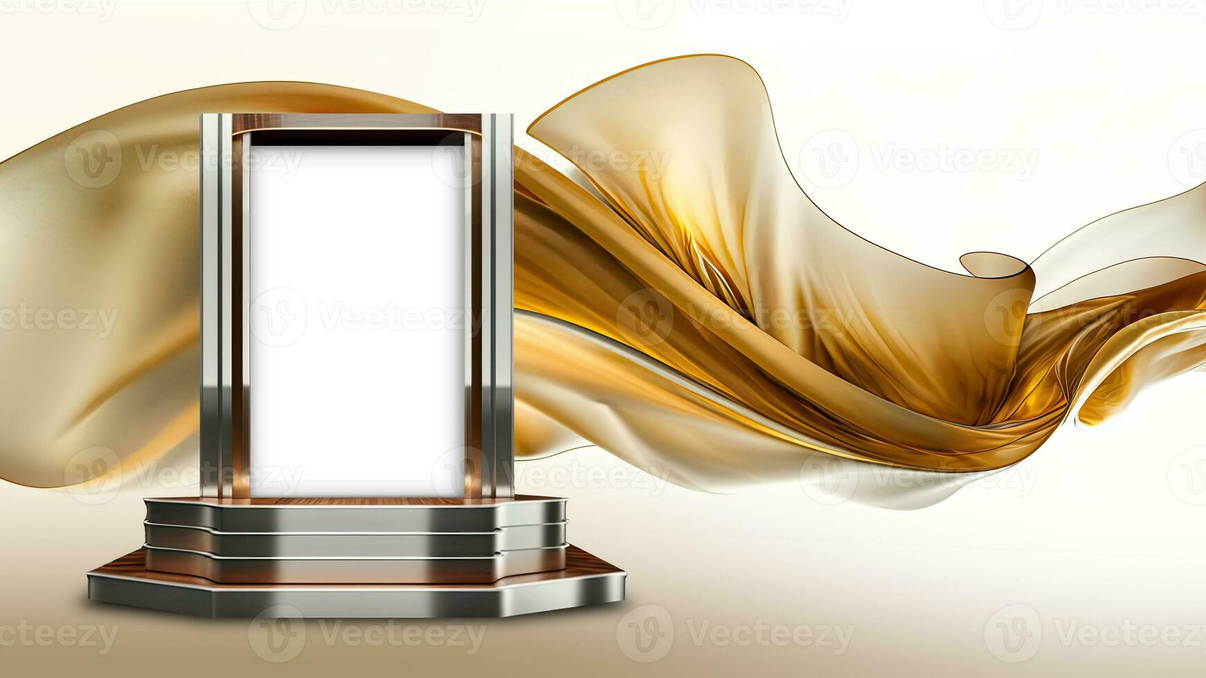 3D Render of Blank Product Screen or Stage Mockup On Floating Golden Silk Fabric Background. photo