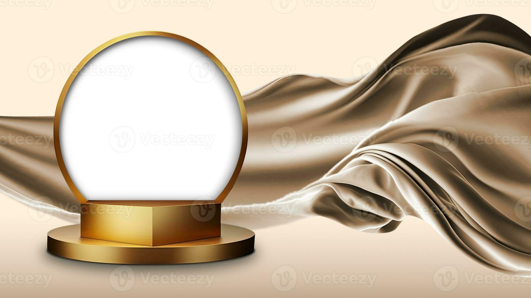 3D Render of Blank Golden Circular Frame Stand Mockup On Floating Choco Brown Silk Fabric Background. photo