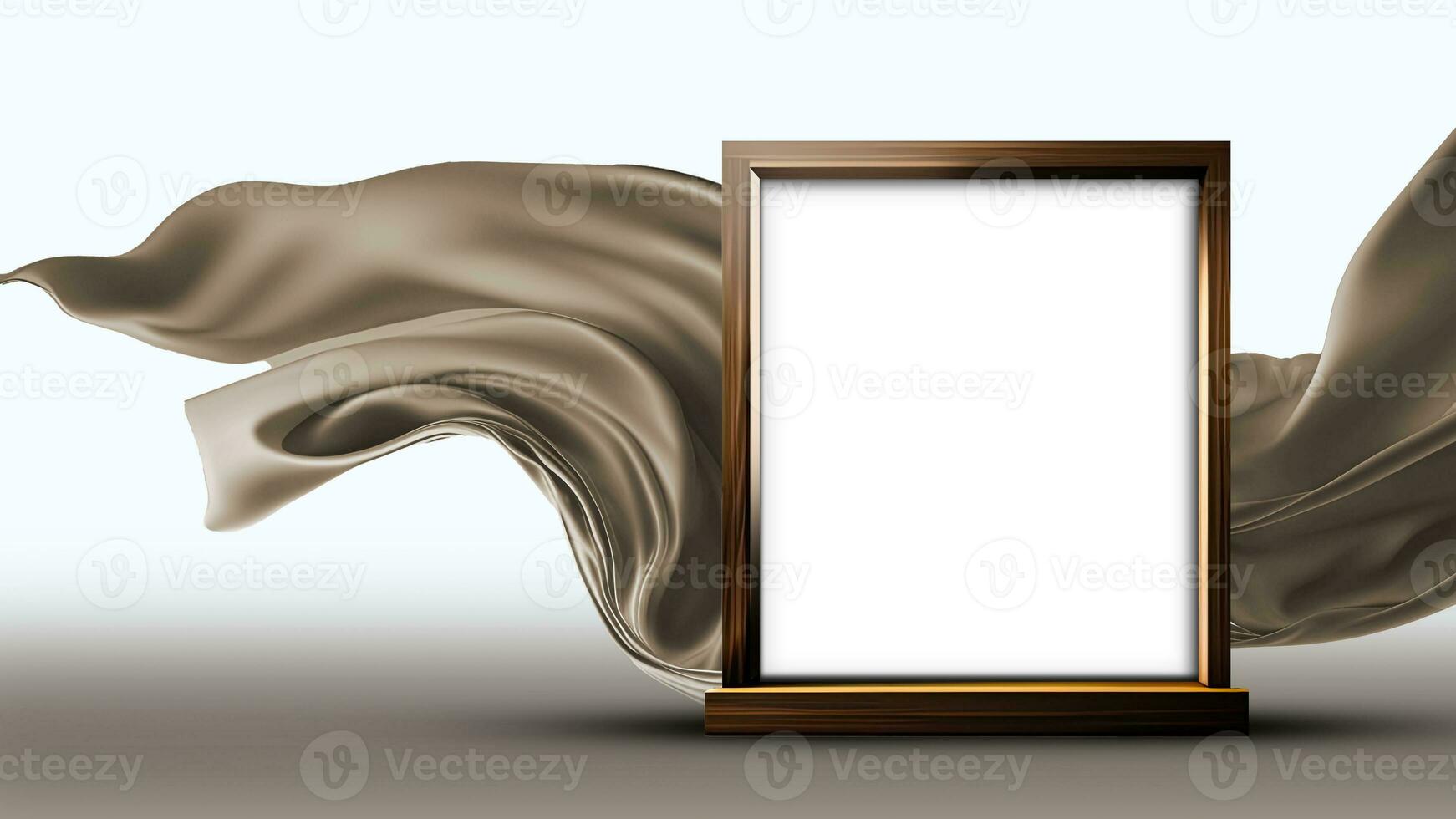 3D Render of Brown Frame Stand or Product Screen Mockup With Image Placeholder On Floating Silk Fabric Background. photo