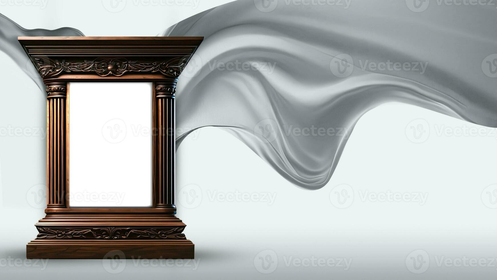 3D Render of Classic Arch Stage Mockup On Gray Floating Silk Fabric Background. photo