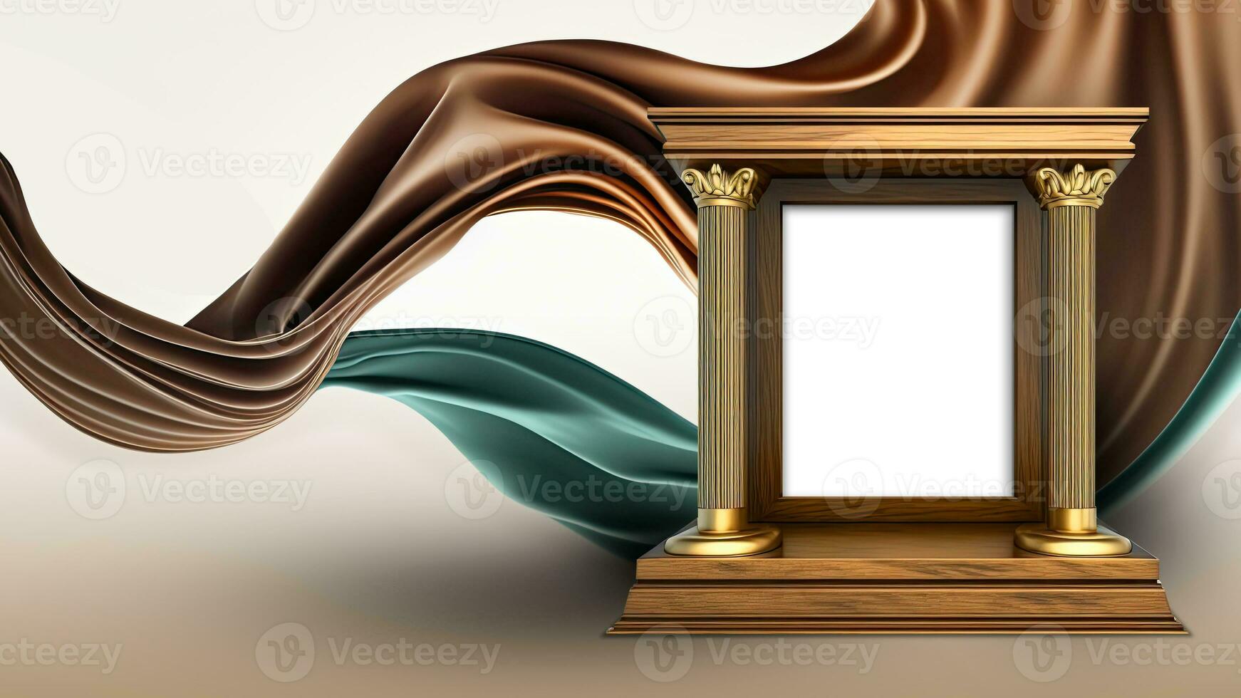 3D Render of Classic Arch Stage Mockup On Brown And Teal Floating Silk Fabric Background. photo