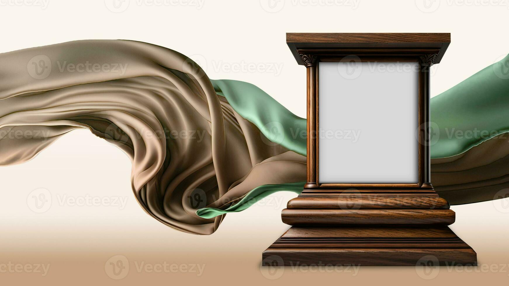 3D Render of Blank Arch Stage Mockup On Soft Brown And Green Floating Silk Fabric Background. photo