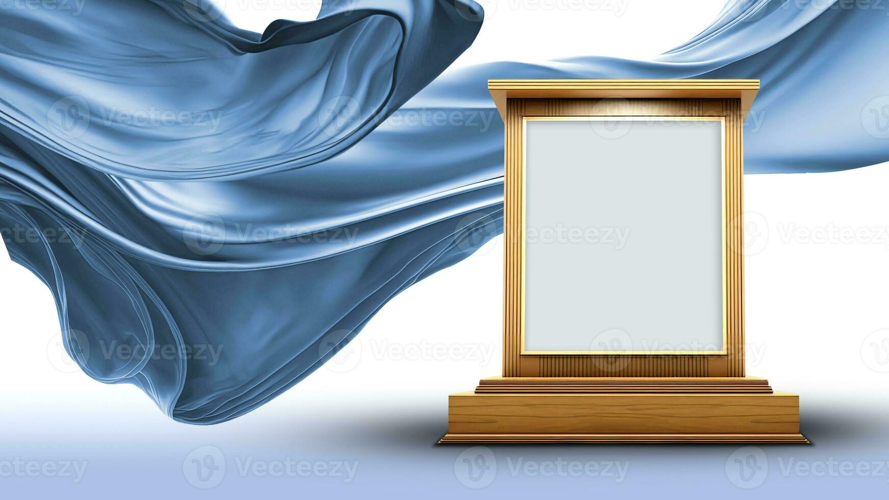 3D Render of Blank Golden Frame Stand or Stage Mockup Against Floating Blue Silk Fabric Background. photo