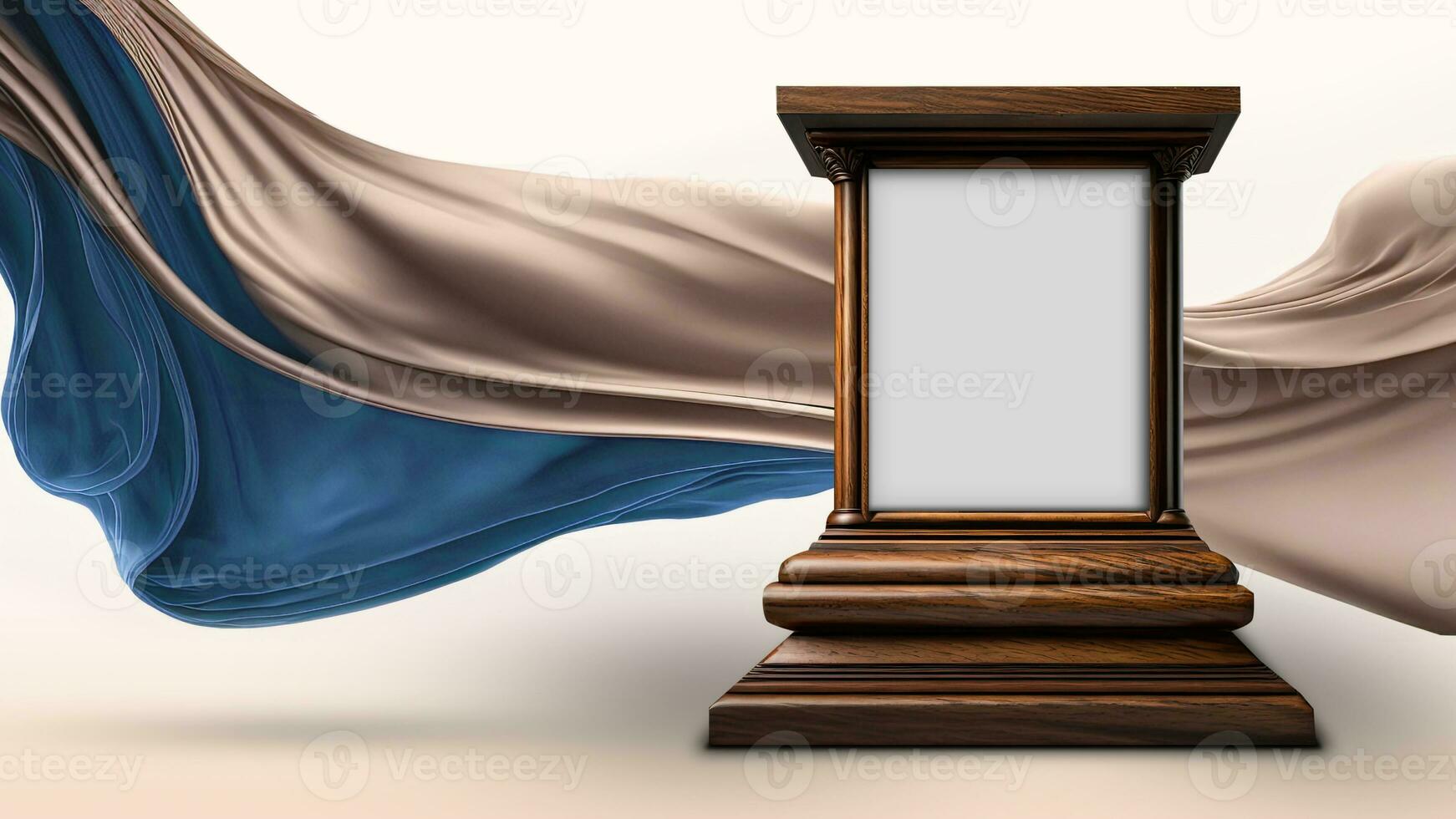 3D Render of Blank Arch Stage Mockup On Copper And Blue Floating Silk Fabric Background. photo