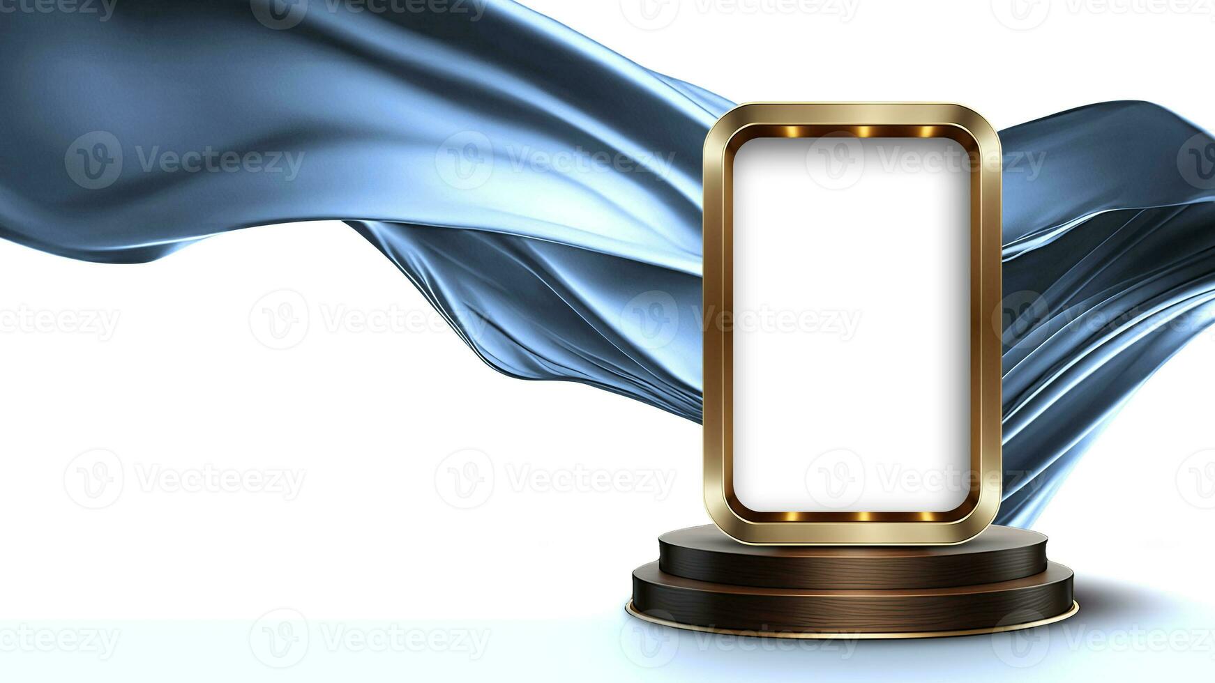 3D Render of Blank Marquee Rectangle Frame On Podium Mockup And Shiny Blue Floating Silk Fabric. photo