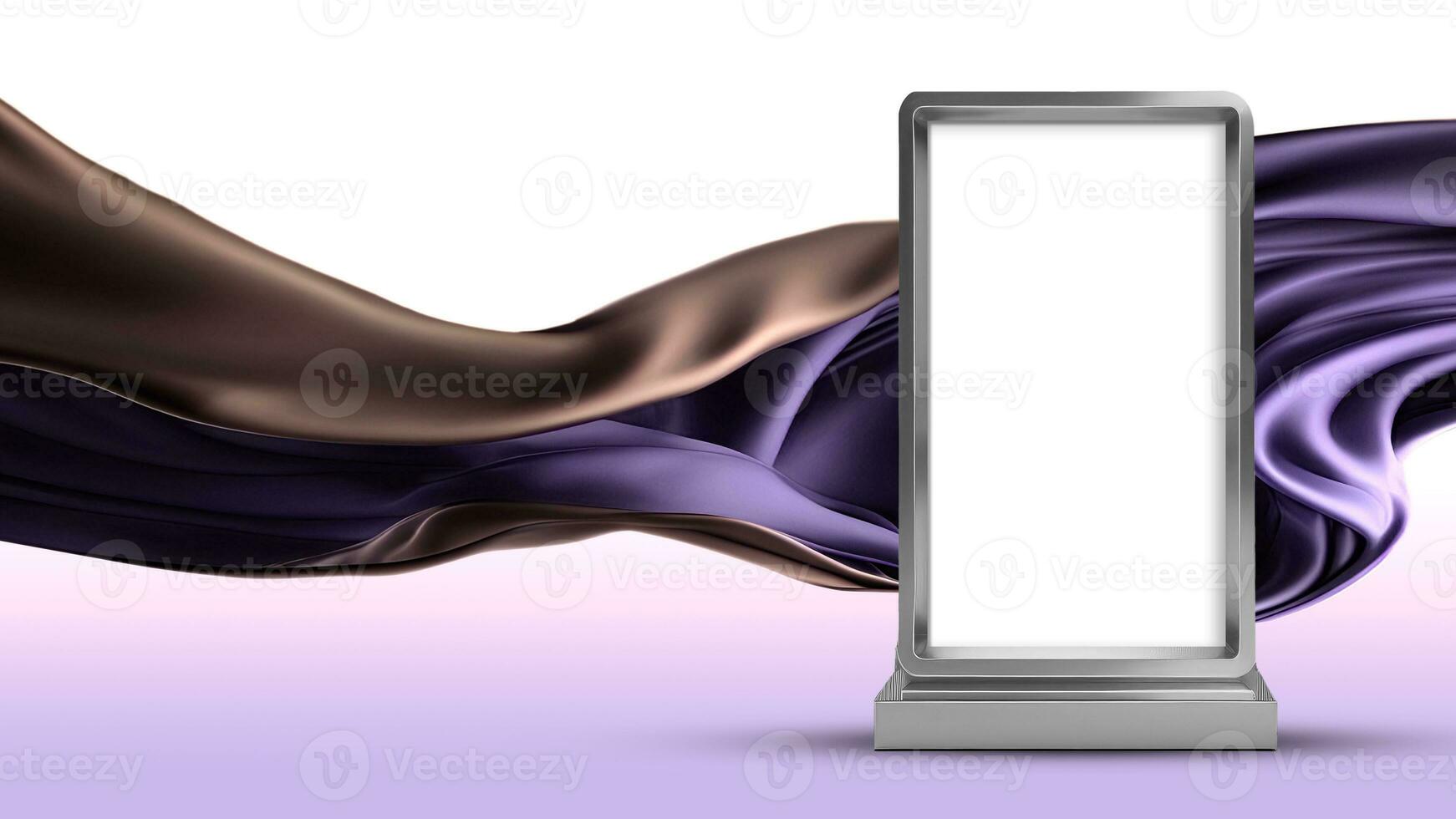 3D Render of Blank Silver Rectangle Frame Stand or Product Screen Mockup On Floating Silk Fabric Background. photo