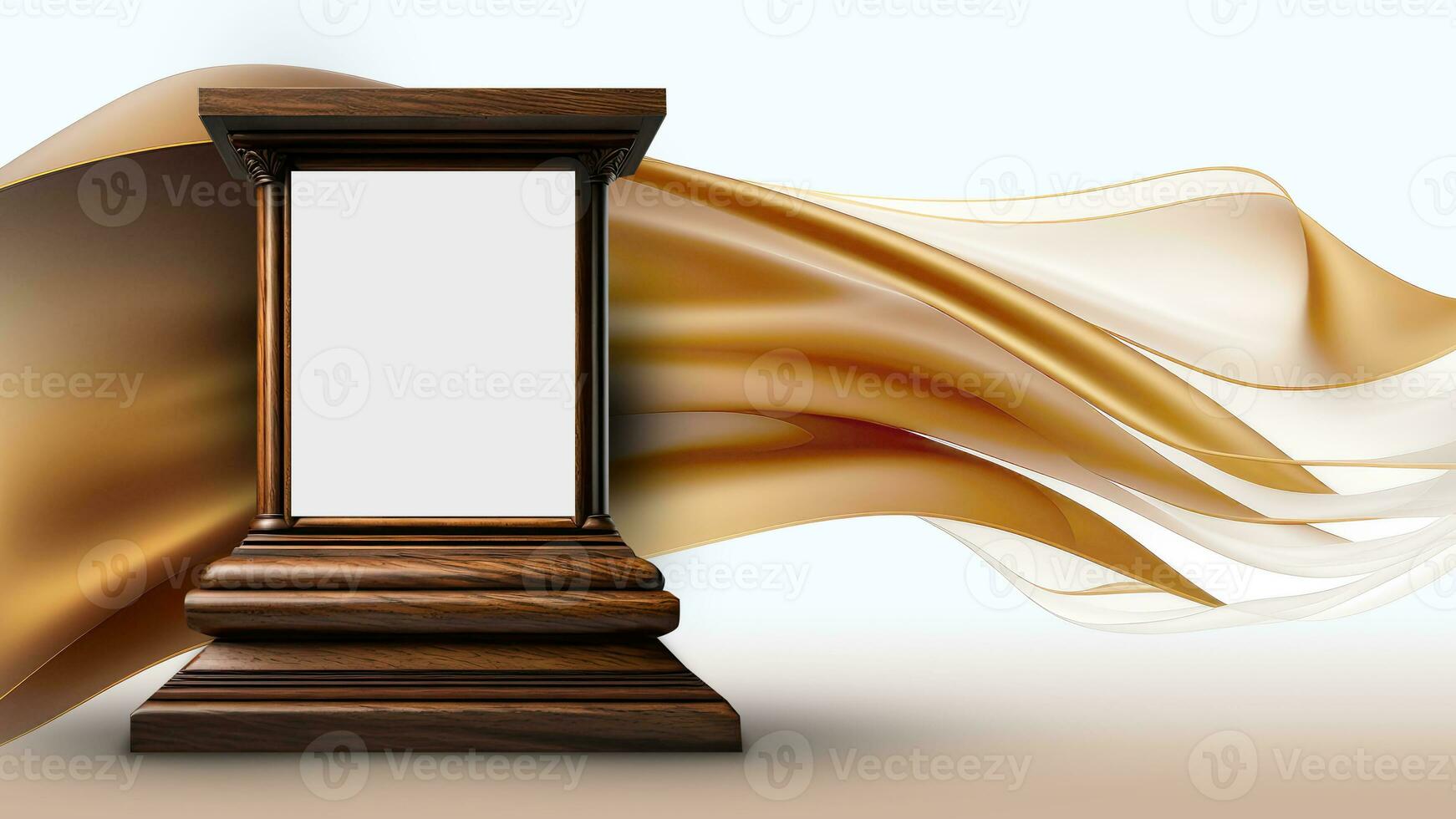 3D Render of Brown Arch Stage Mockup Against Golden Floating Silk Fabric Background. photo