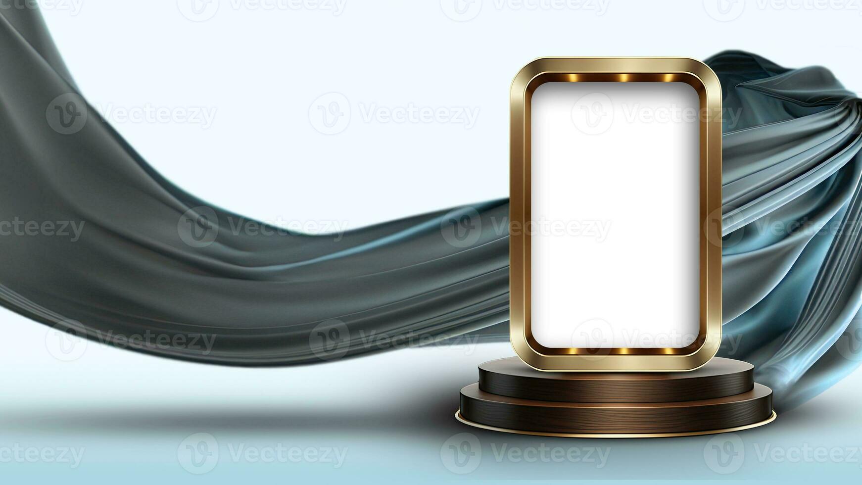 3D Render of Blank Marquee Rectangle Frame On Podium Mockup And Floating Silk Fabric. photo