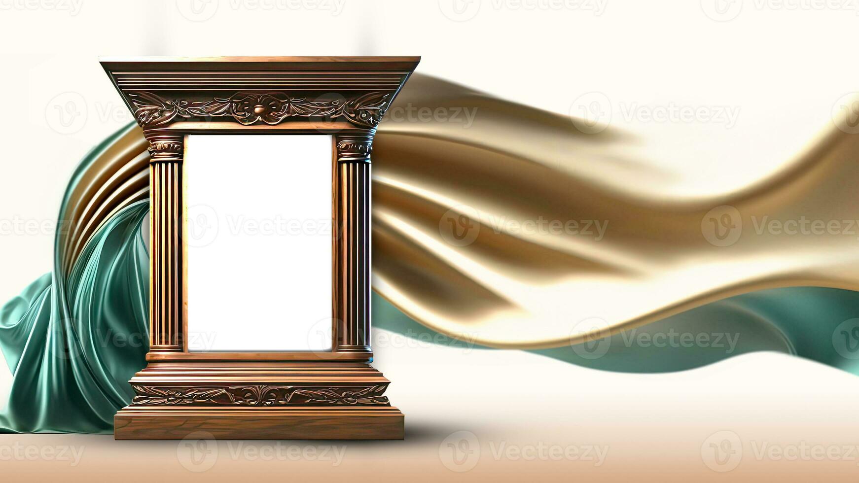 3D Render of Classic Arch Stage Mockup On Shiny Golden And Turquoise Floating Silk Fabric Background. photo