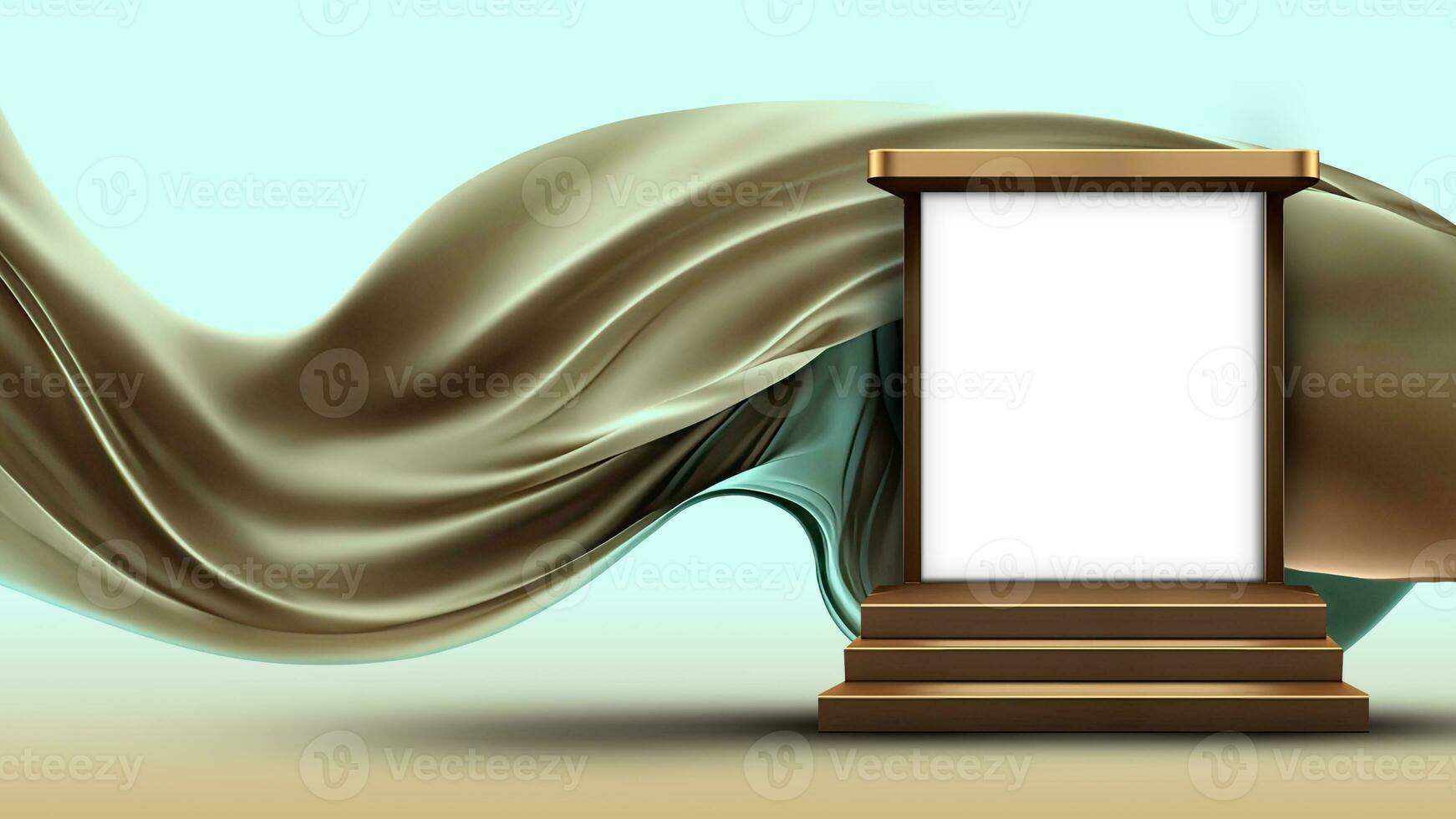 3D Render of Blank Frame Stand or Stage Mockup On Golden Floating Silk Fabric Background. photo