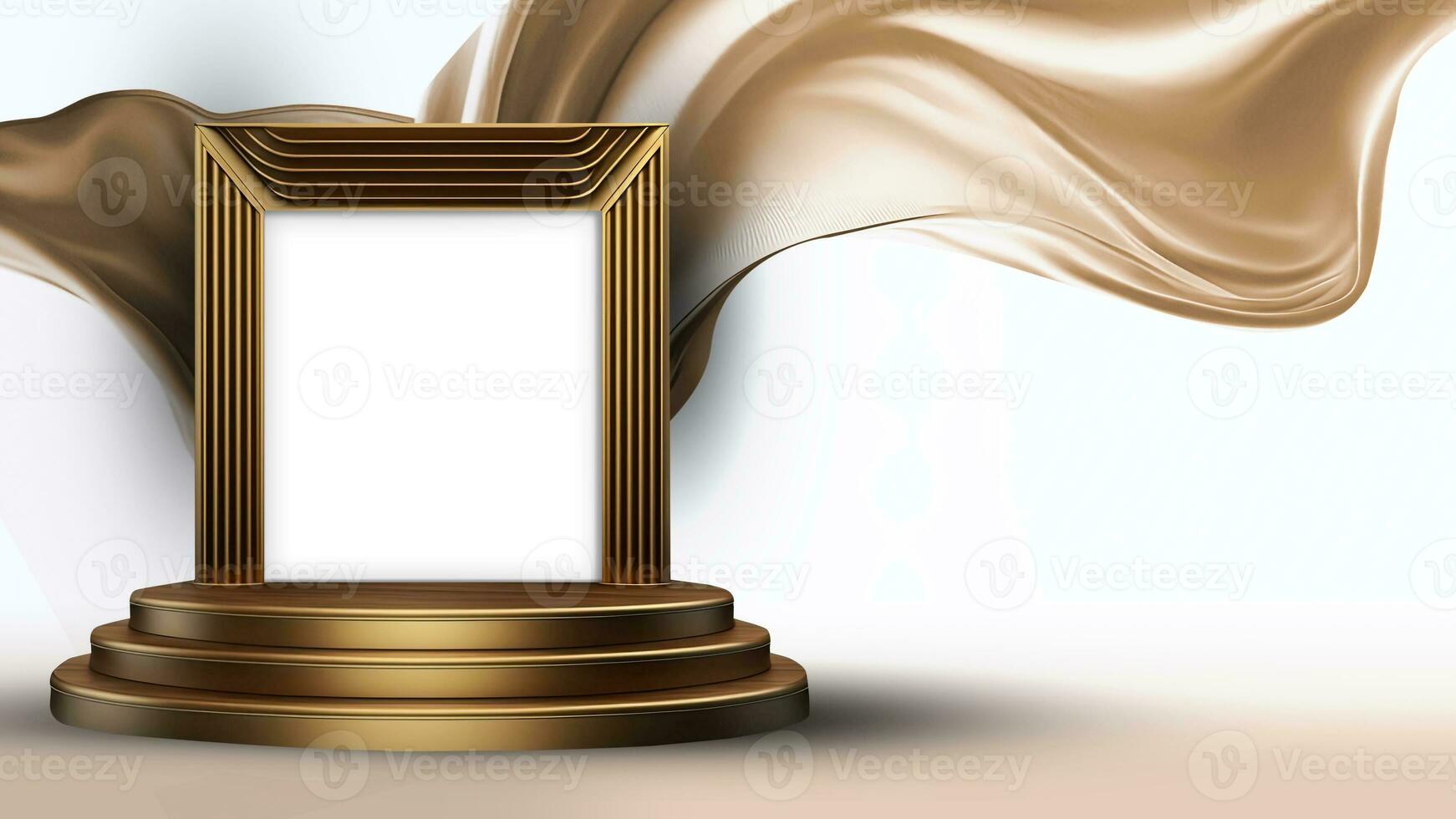 3D Render of Blank Golden Stage Mockup Against Shiny Floating Silk Fabric Background. photo