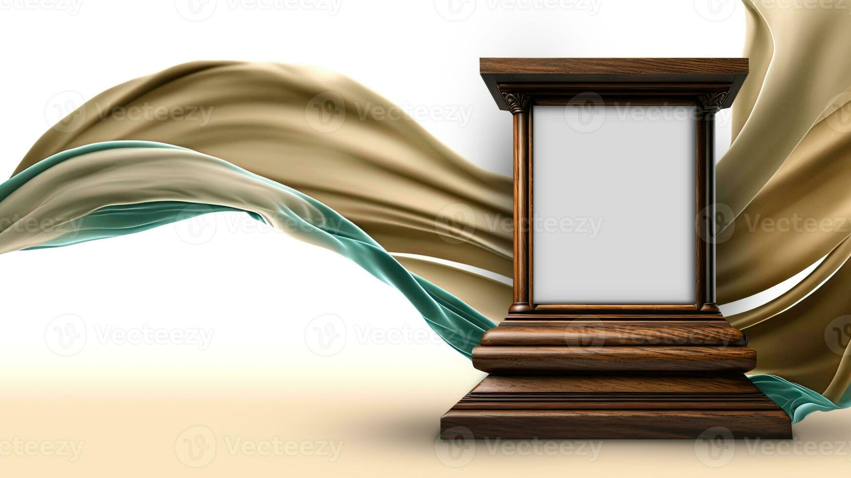 3D Render of Blank Arch Stage Mockup On Golden And Teal Floating Silk Fabric Background. photo