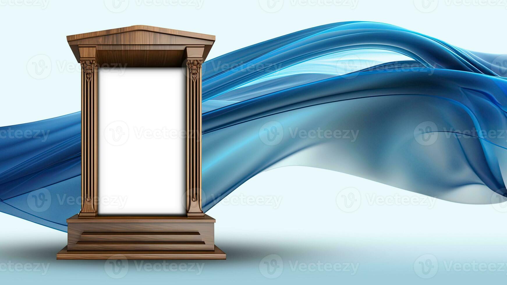 3D Render of Blank Classic Arch Stage Mockup Against Blue Floating Silk Fabric Background. photo