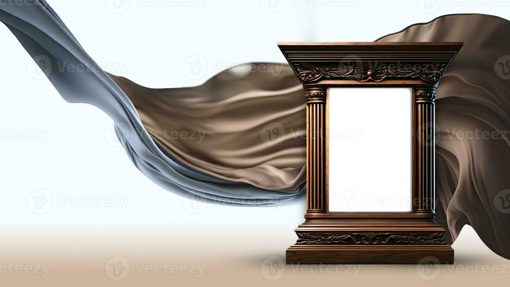 3D Render of Classic Arch Stage Mockup On Brown And Slate Blue Floating Silk Fabric Background. photo