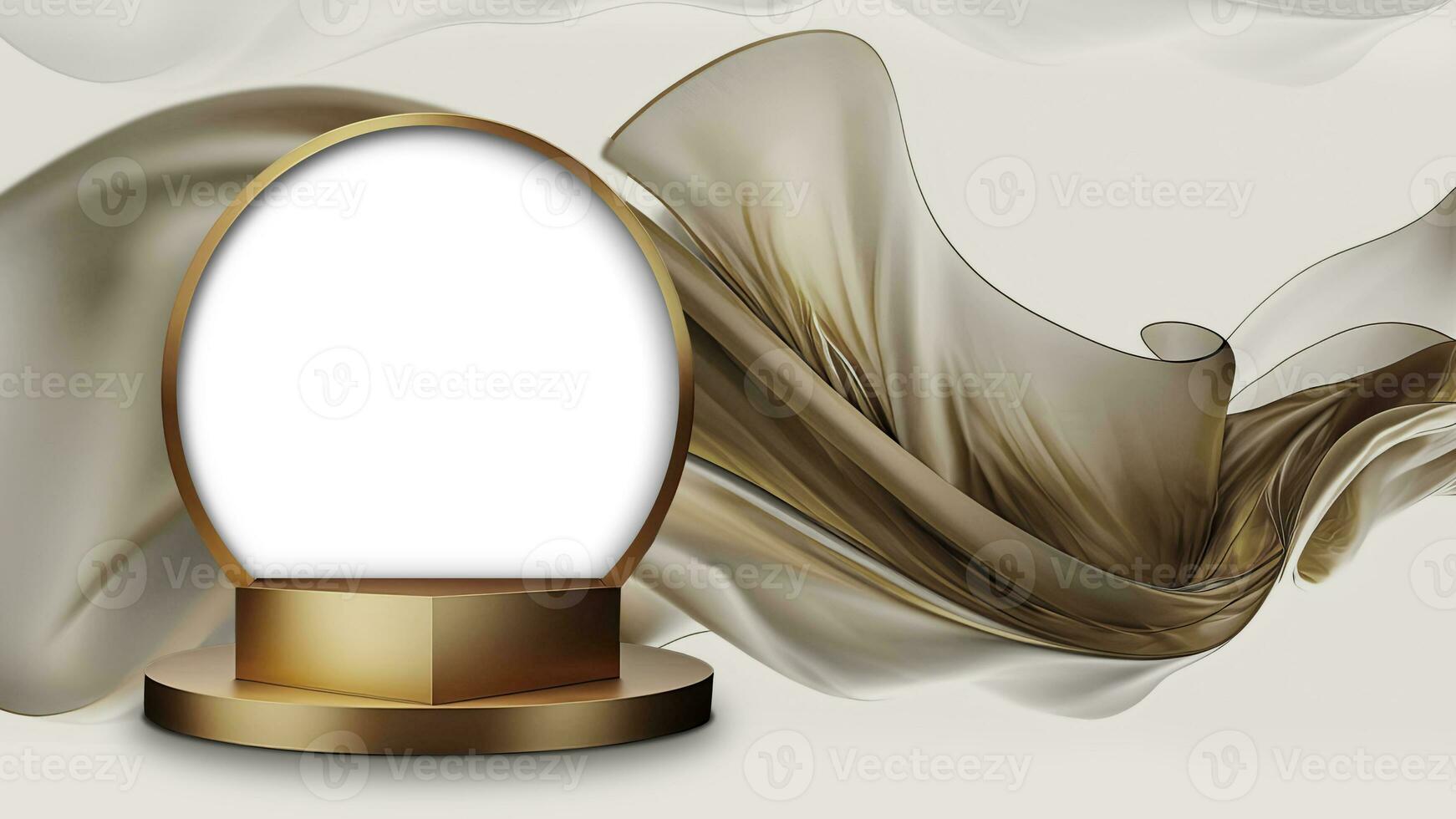 3D Render of Blank Golden Product Display Podium Mockup On Floating Silk Fabric Background. photo