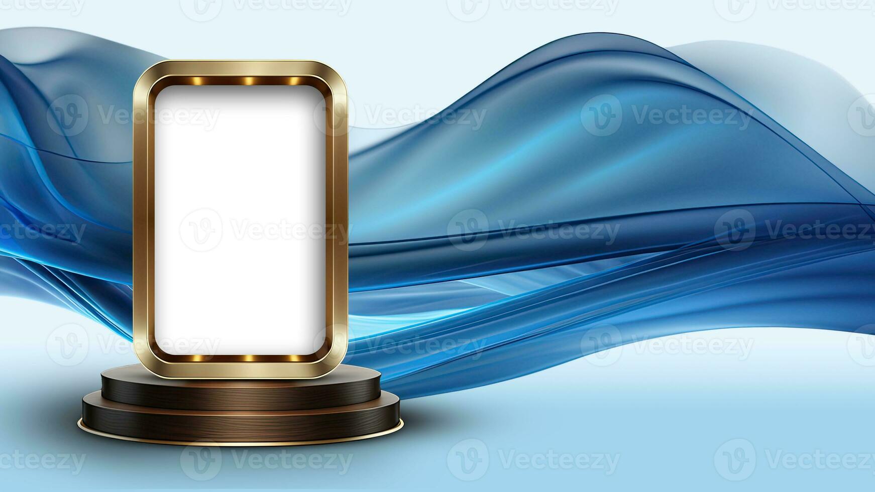 3D Render of Blank Marquee Rectangle Frame On Podium Mockup Against Blue Floating Silk Fabric Background. photo