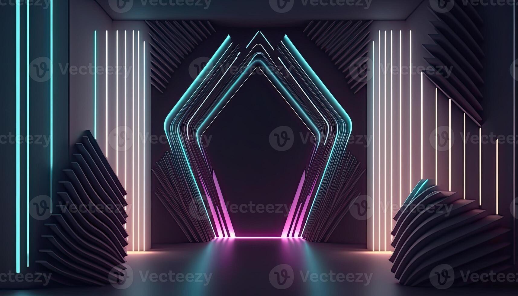 Neon Light Show Stage Display Background, Futuristic Shapes Made of Lasers. . photo