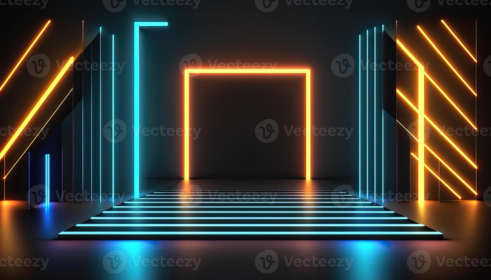 Neon Light Stage Display Background, Futuristic Shapes Made of Lasers. . photo