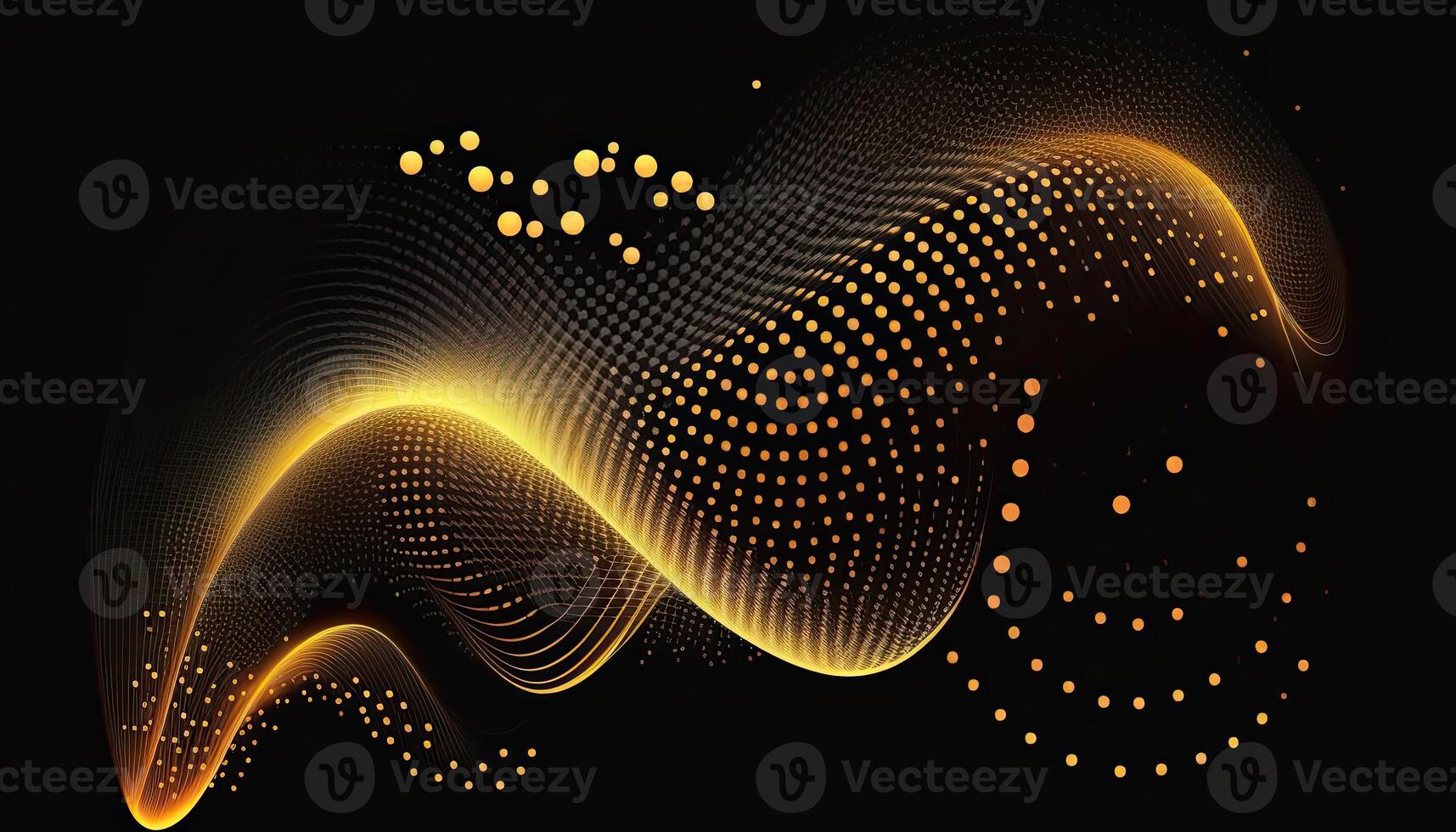 Abstract Background of Connected Golden Dots or Points, Cyber Particle Waves. Big Data Stream. . photo