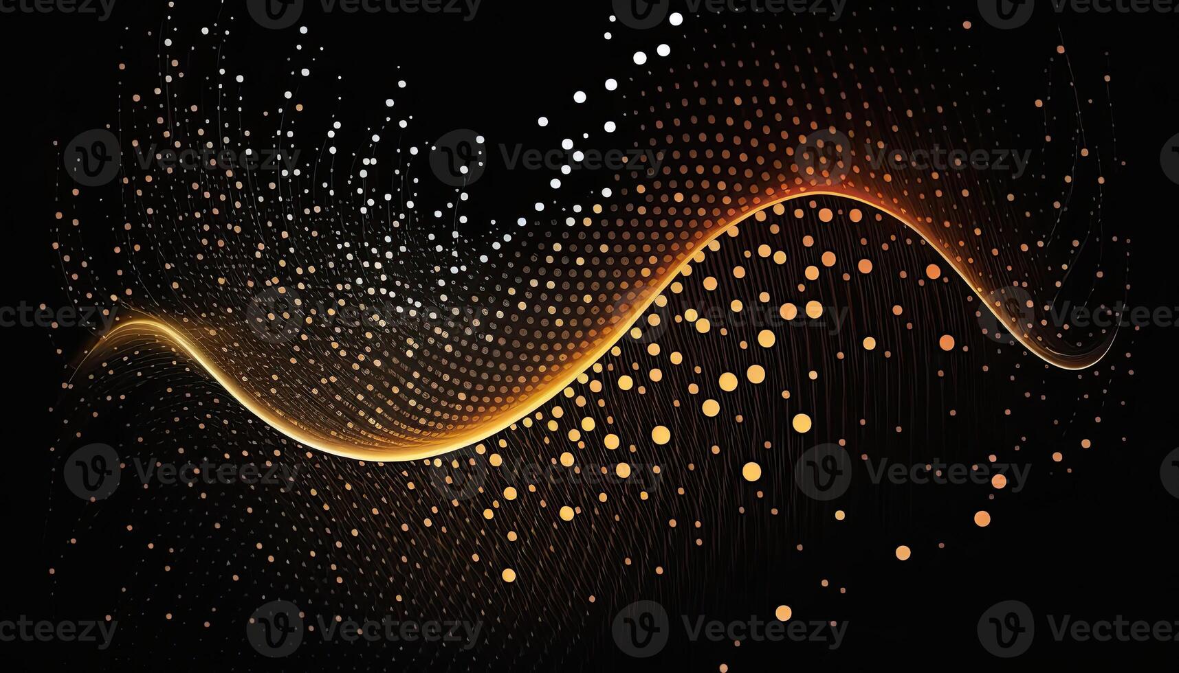 Abstract Background of Connected Golden Dots or Points, Cyber Particle Waves. Big Data Stream. . photo