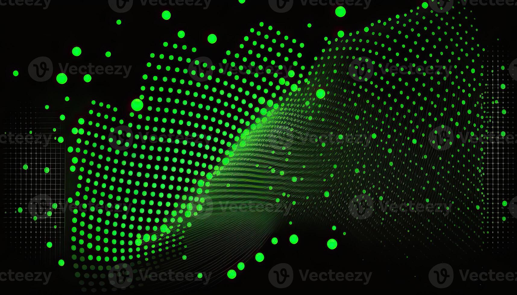 Abstract Background of Connected Green Dots or Points, Cyber Particle Waves. Big Data Stream. . photo