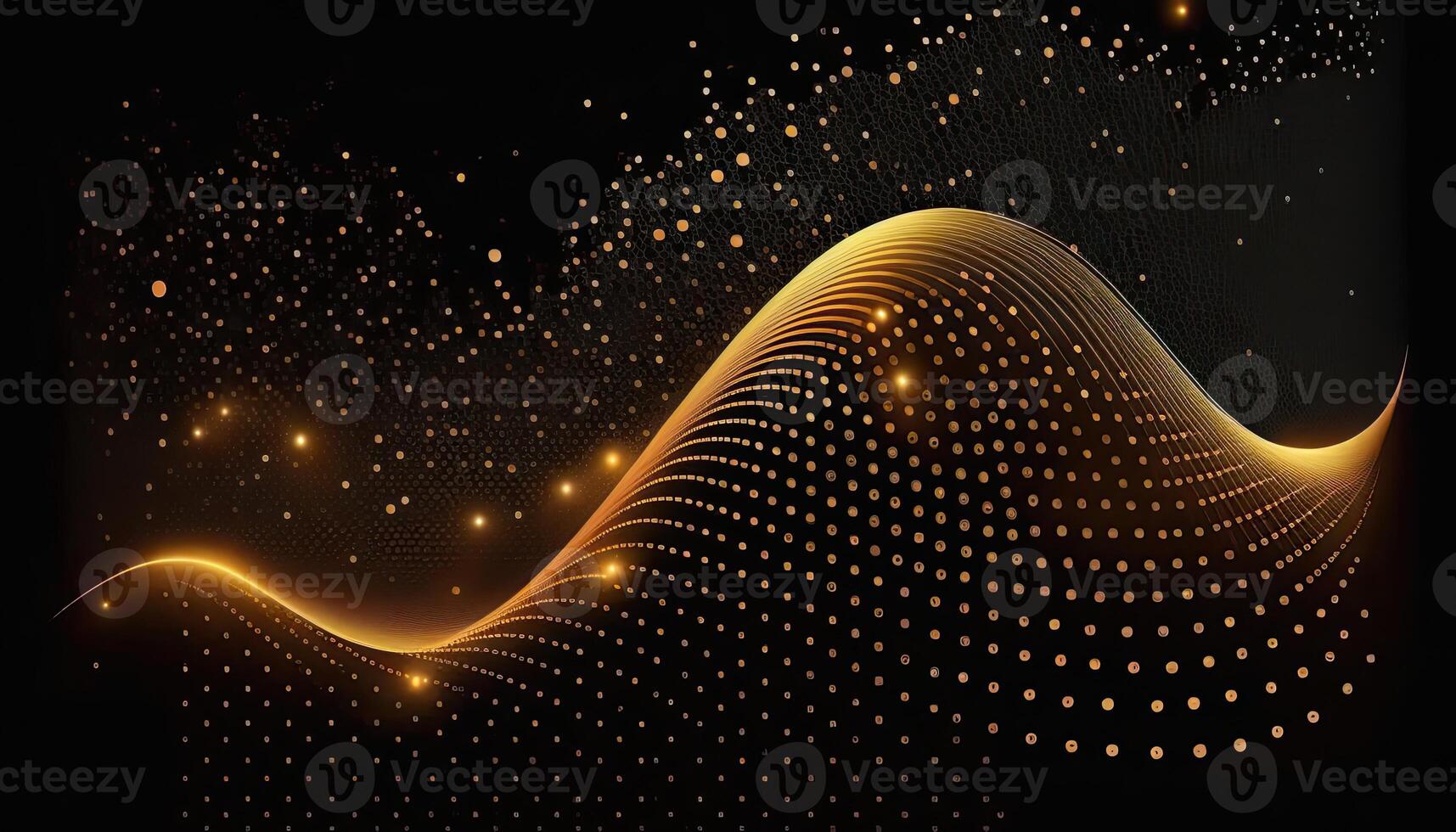 Abstract Background of Connected Golden Dots or Points, Cyber Particle Waves. Big Data Stream. . photo