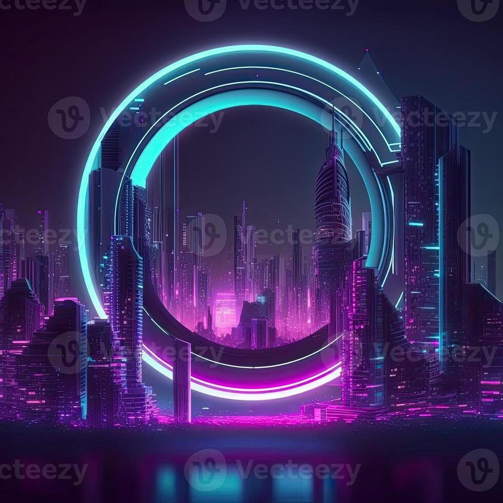 Futuristic of neon glowing in circular shape, cityscape. Cyberpunk in buildings view with digital design. . photo