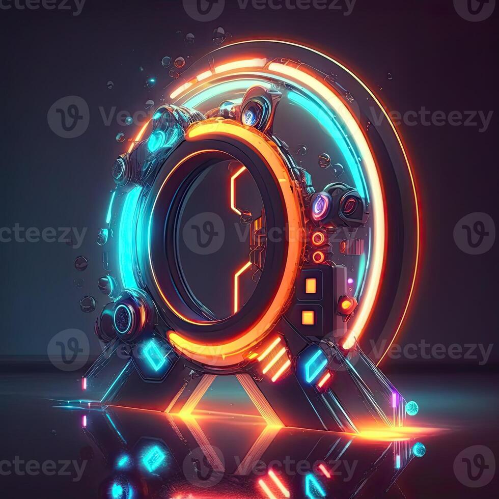 3D Render of Abstract Neon Circular Element, Digital HUD Technology, Sci-fi Concept. . photo