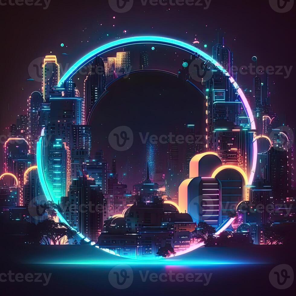 Futuristic of neon glowing in circular shape, cityscape. Cyberpunk in buildings view with digital design. . photo