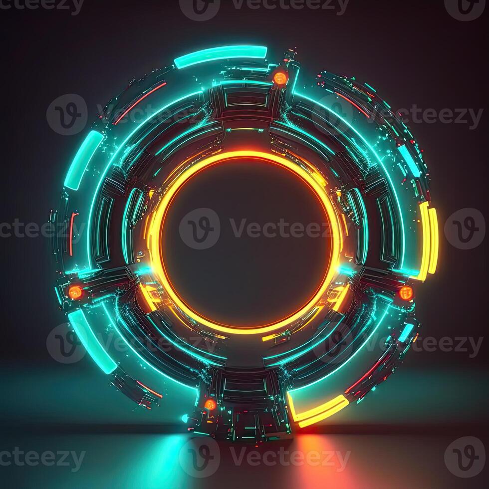 3D Render of Abstract Neon Circular Element, Digital HUD Technology, Sci-fi Concept. . photo