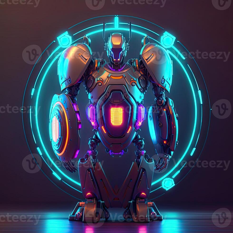 Cyborg Robot And Futuristic Neon Glowing, Circle Shape on Background. . photo