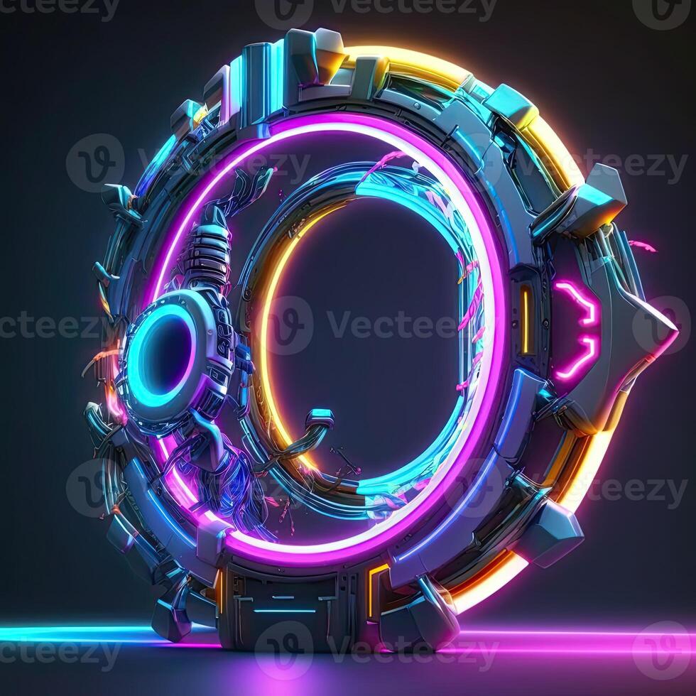 3D Render of Abstract Neon Circular Element, Digital HUD Technology, Sci-fi Concept. . photo