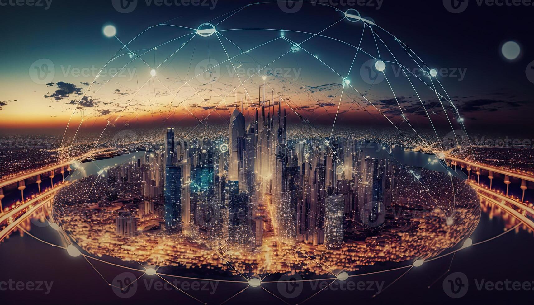 Futuristic smart cities, abstract dots, gradient lines, and aesthetic all work together. Complex wave lines with the idea of a huge data link. . photo