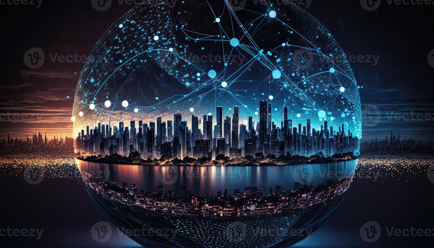 Global Network Connection Over Futuristic Smart City. Digital Illustration. photo