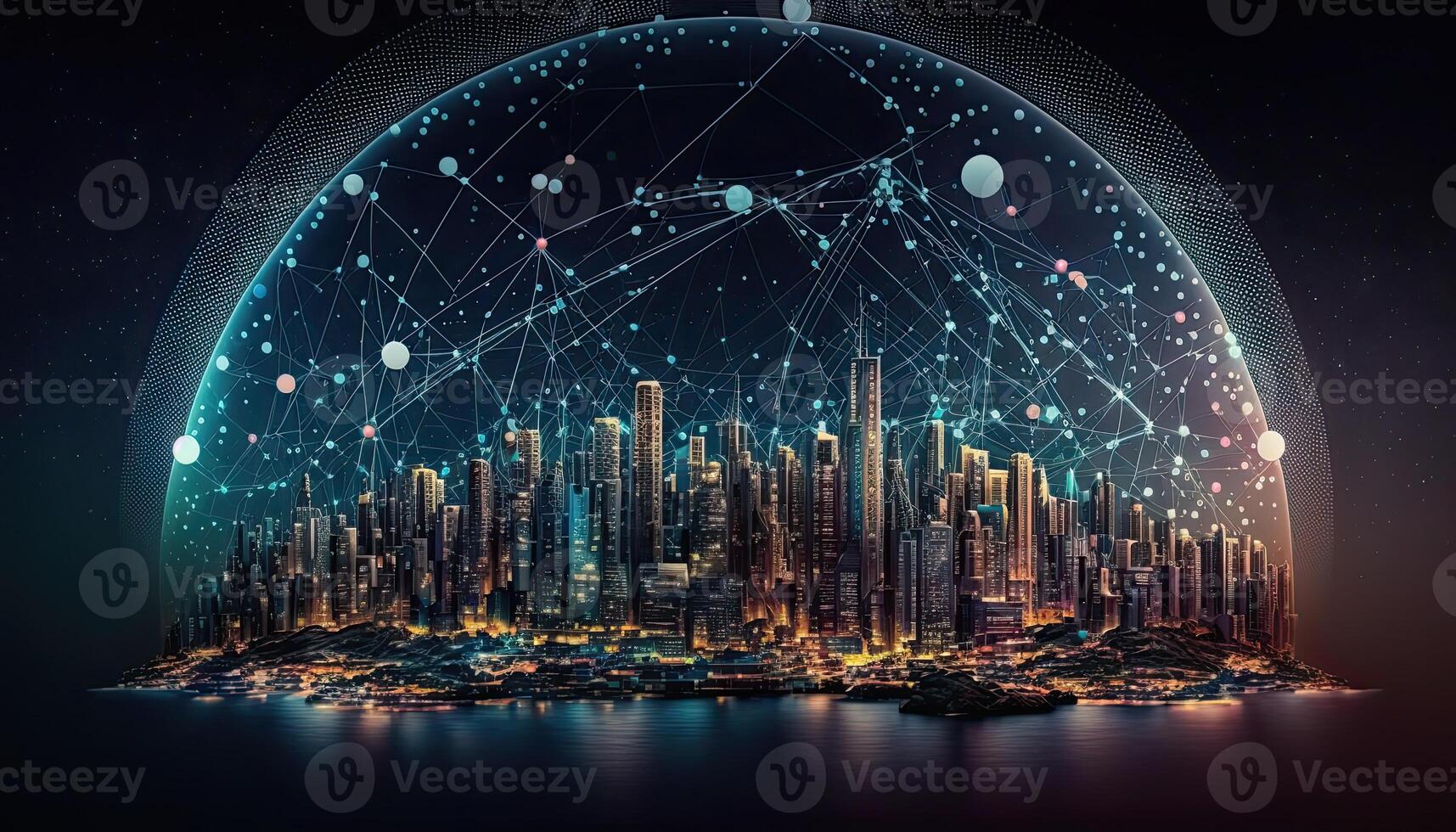 Global Network Connection Over Futuristic Smart City. Digital Illustration. photo